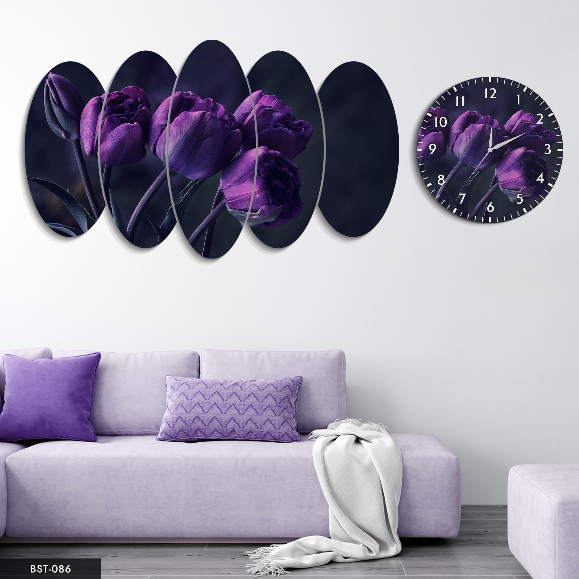 Mor Güller MDF Tablo Saatli Set