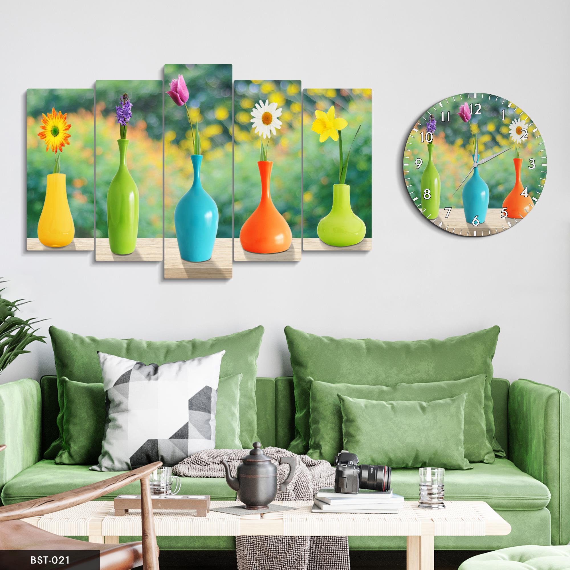 Renkli Vazolar MDF Tablo Saatli Set