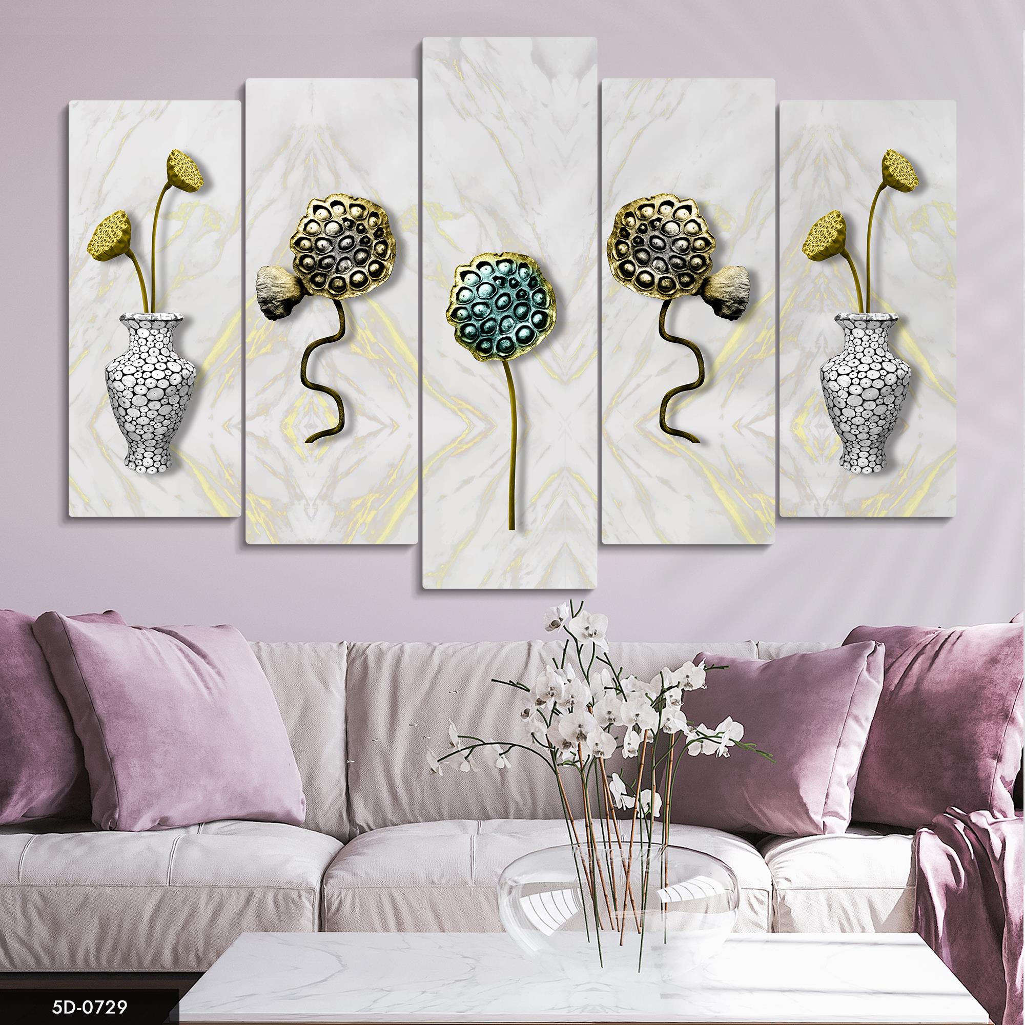 Saksı ve Yapay Çiçekler  5 Parçalı Mdf Tablo
