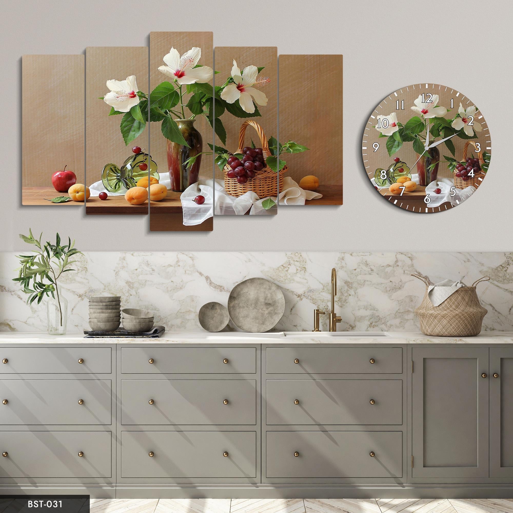 Süslenmiş Renkli Çiçekler MDF Tablo Saatli Set