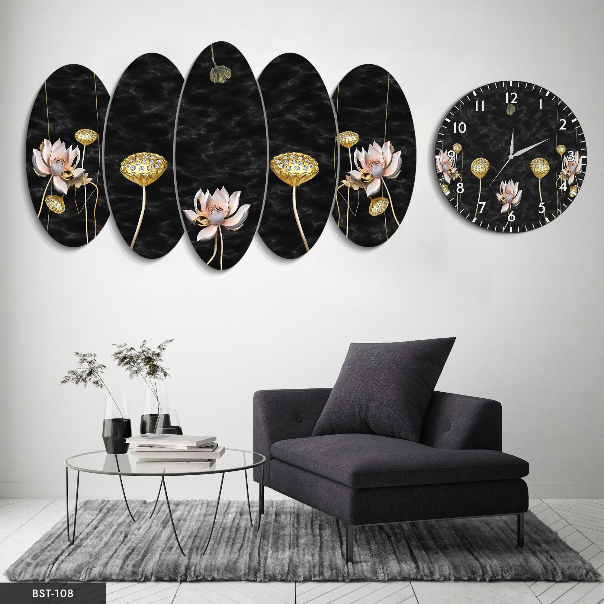 Altın Çiçekler MDF Tablo Saatli Set