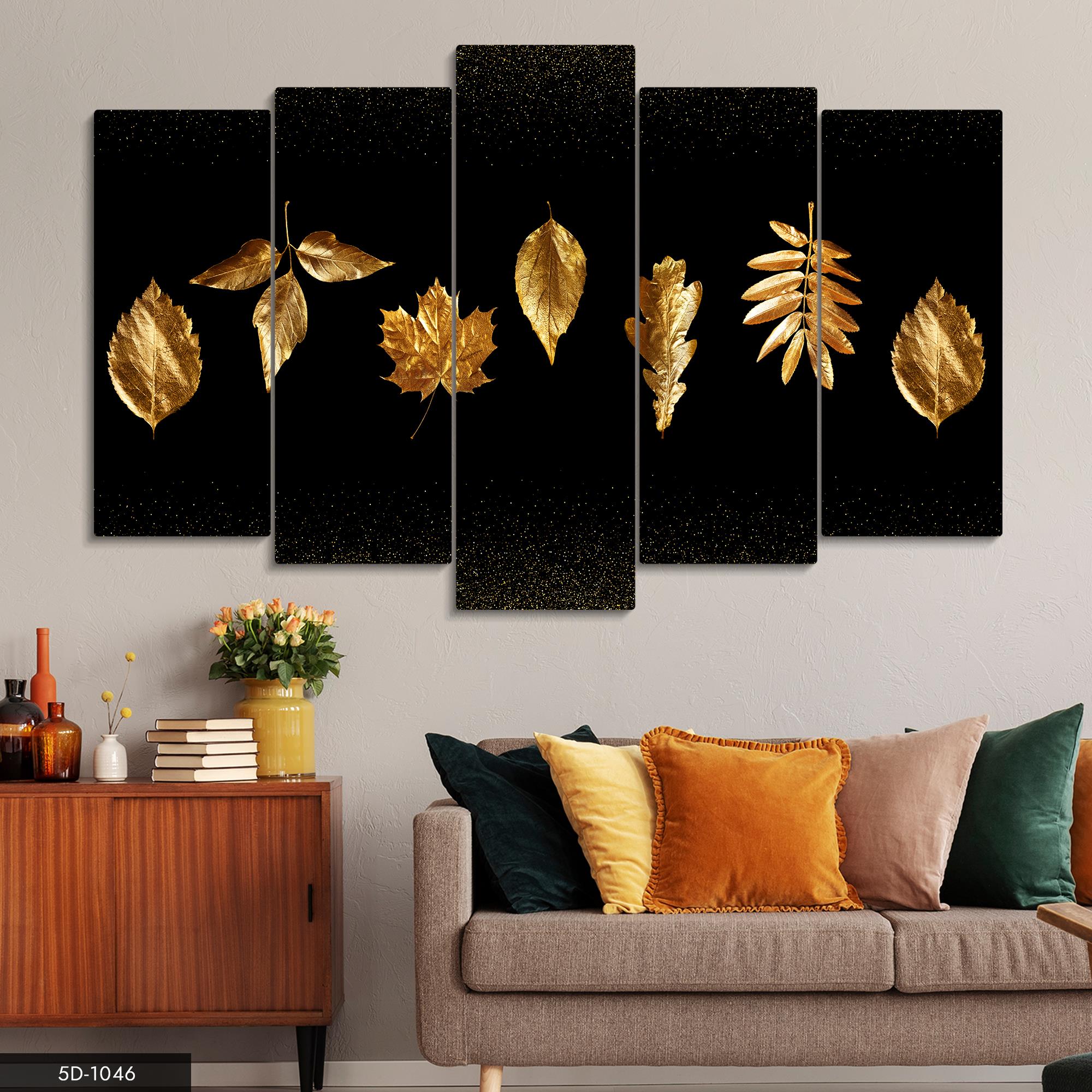 Altın Renkli Dökülen Yapraklar 5 Parçalı Mdf Tablo