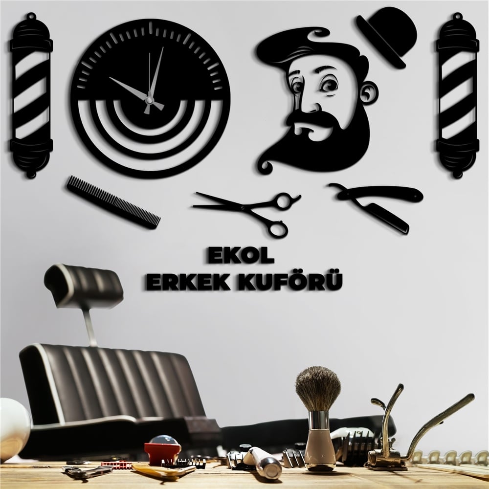 Berber Shop Model Kişiye Özel Erkek Kuaför Dekor Saat Set
