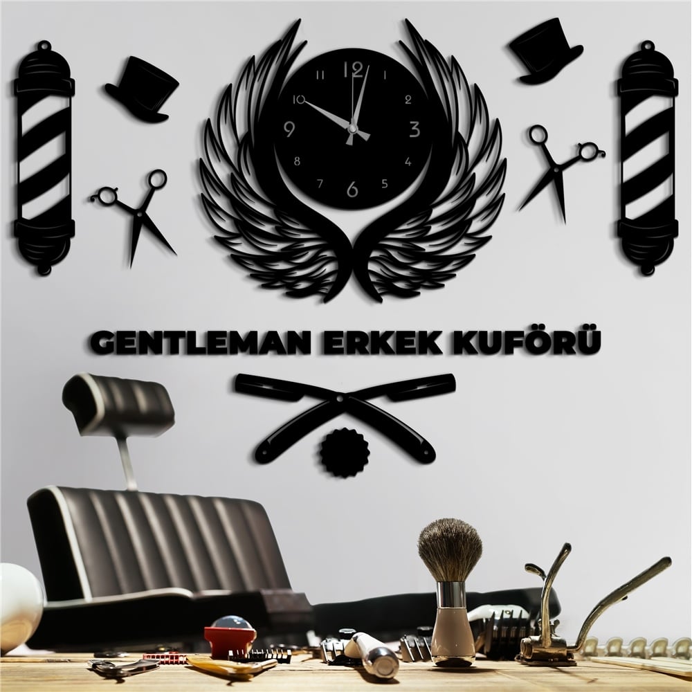 Centilmen Kişiye Özel Erkek Kuaför Dekor Saat Set