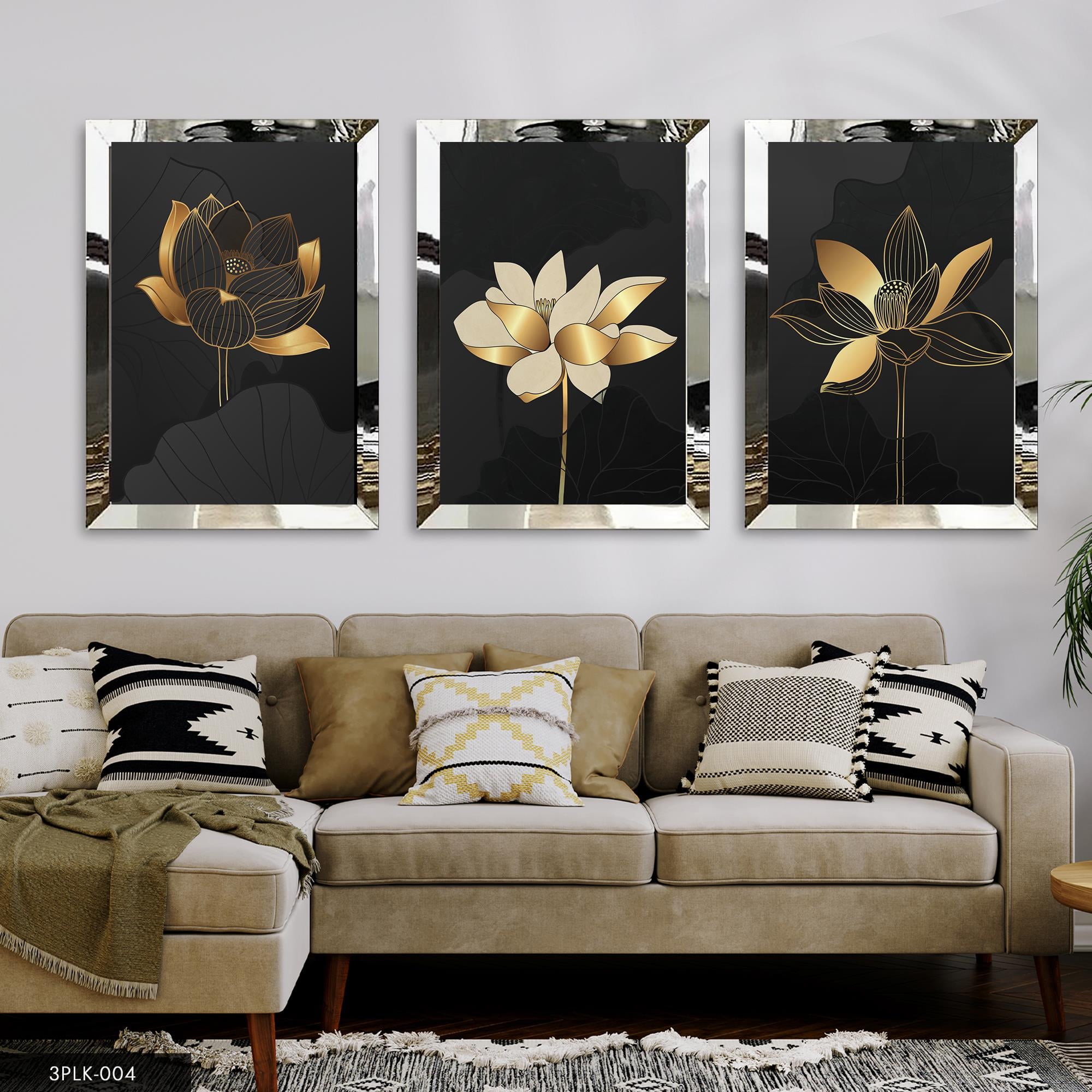 Çiçek ve Yaprak Desenleriyle Gold 3 Parça Pleksi Aynalı Tablo