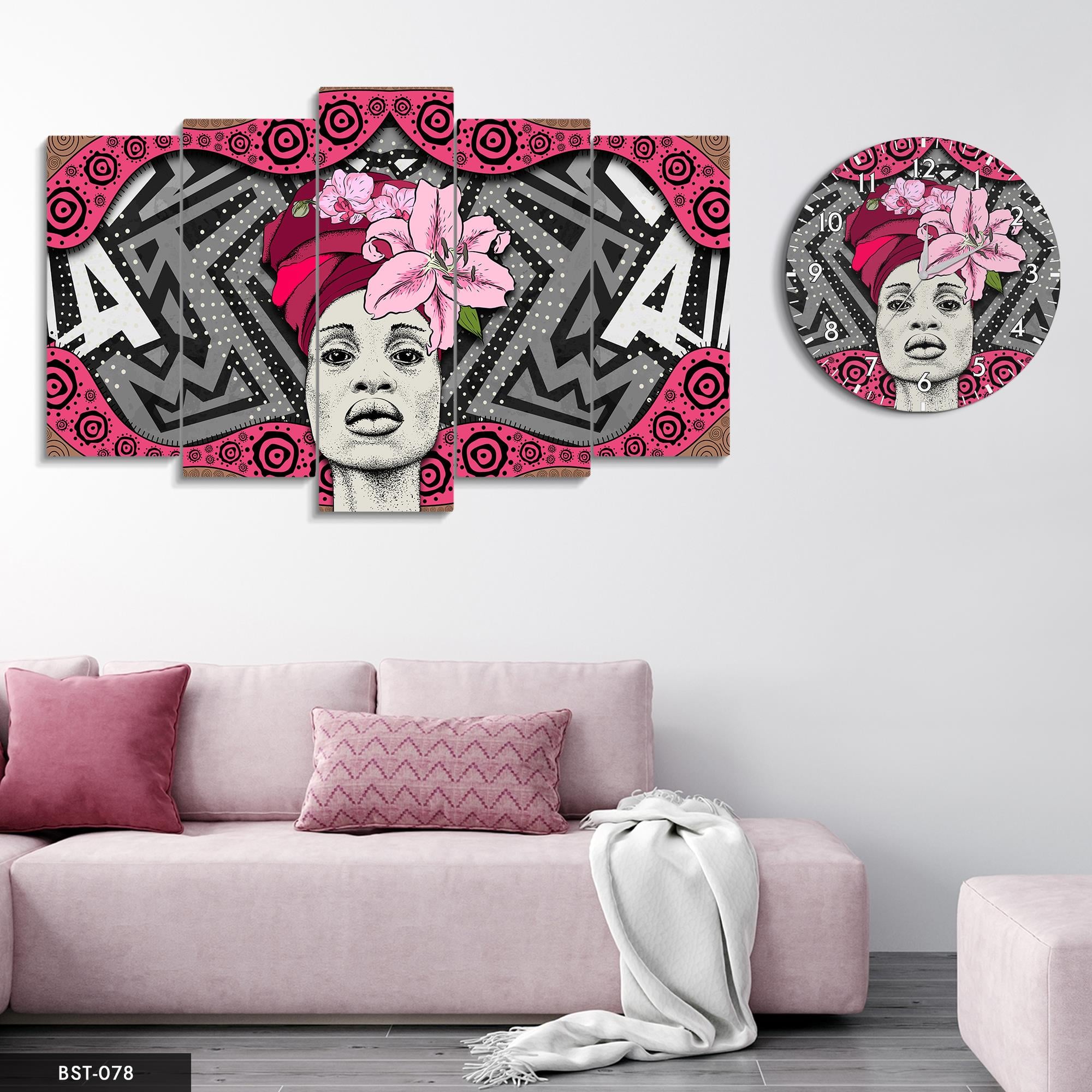 Çiçekli Kadın MDF Tablo Saatli Set