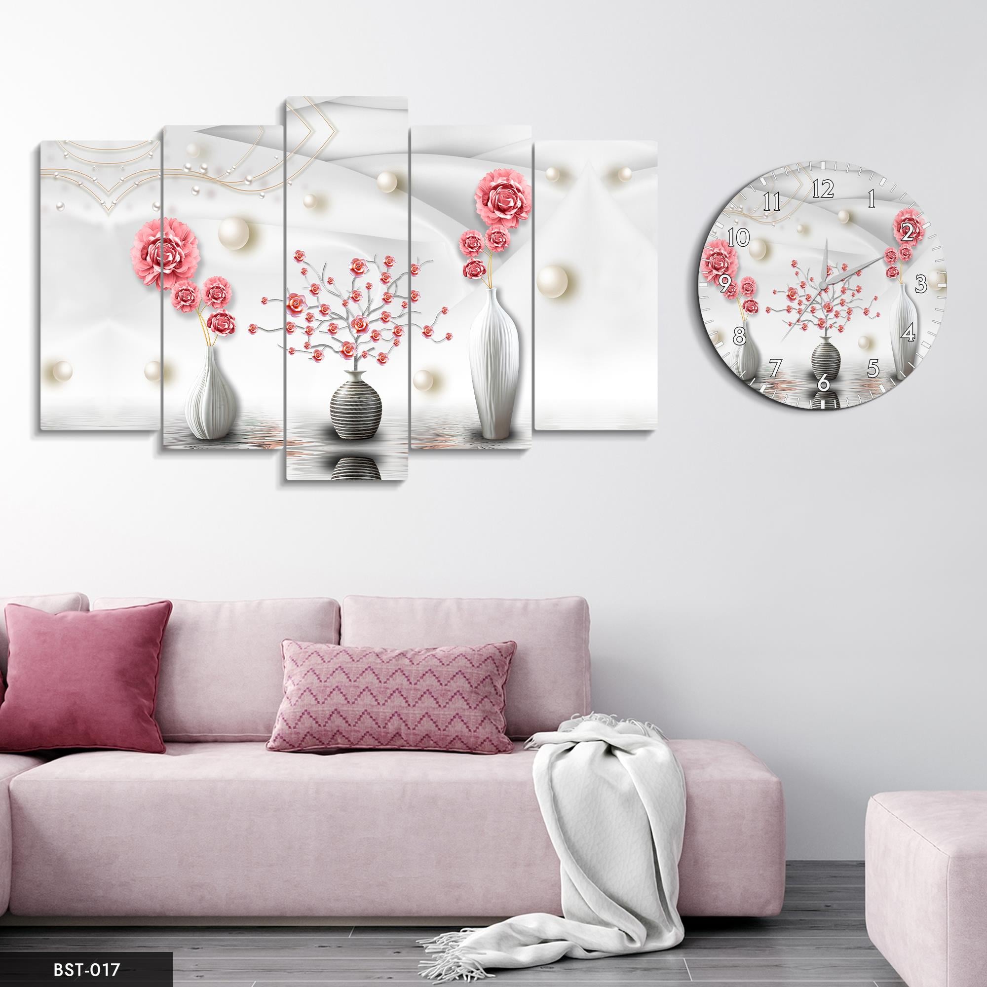 Gümüş Vazoda Çiçekler MDF Tablo Saatli Set