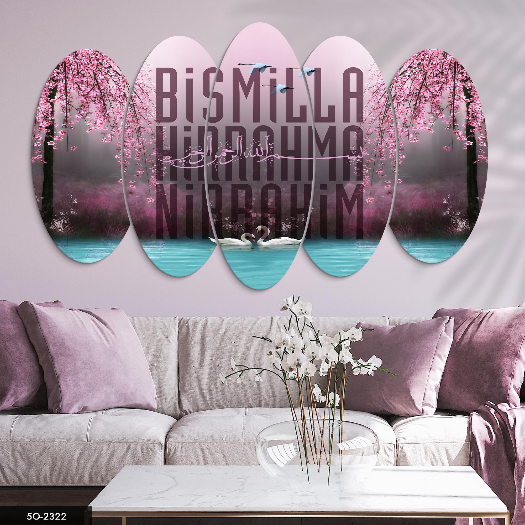 İslamın Işığında Besmele Kuğu 5 Parçalı Mdf Tablo