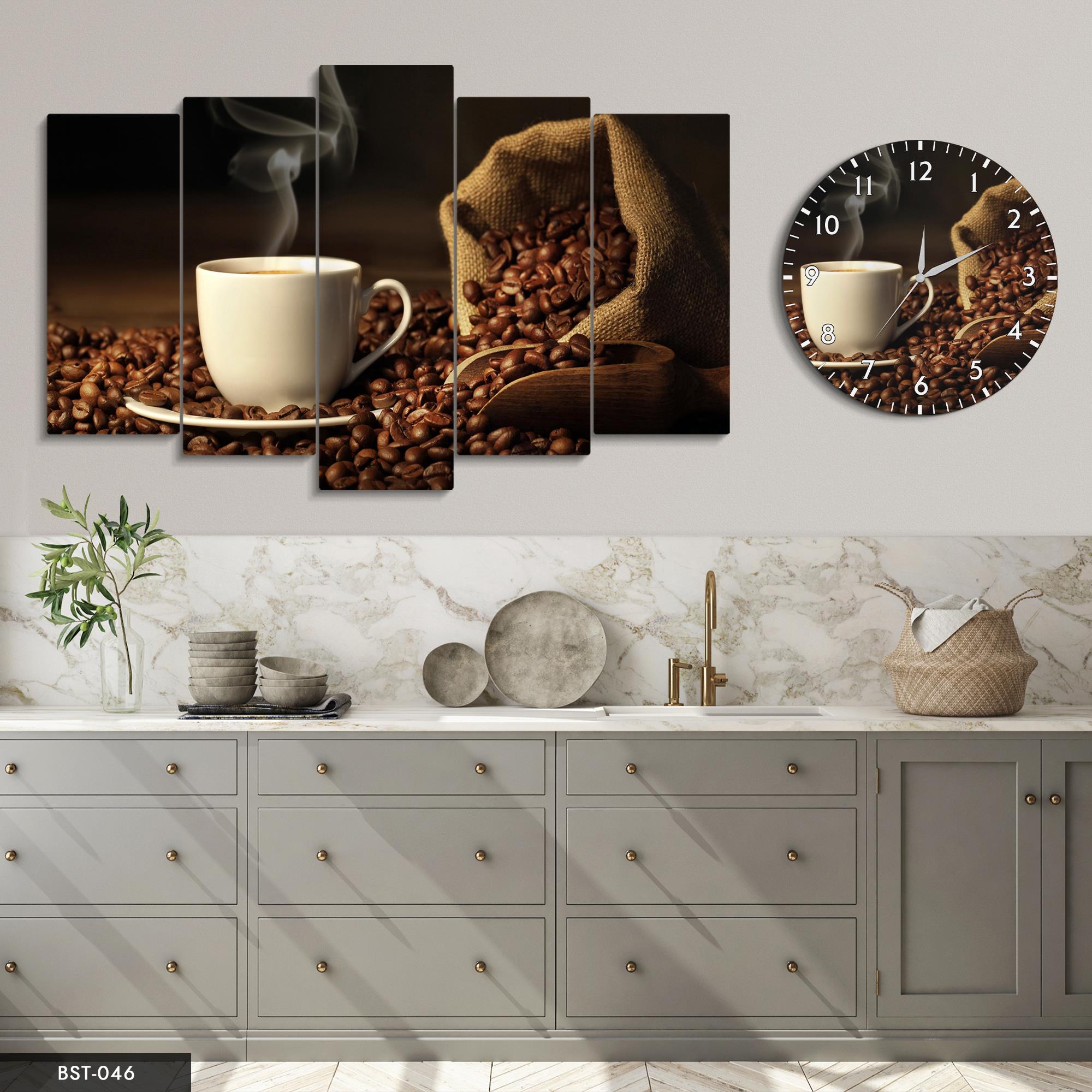 Kahvenin Sıcak Hali MDF Tablo Saatli Set