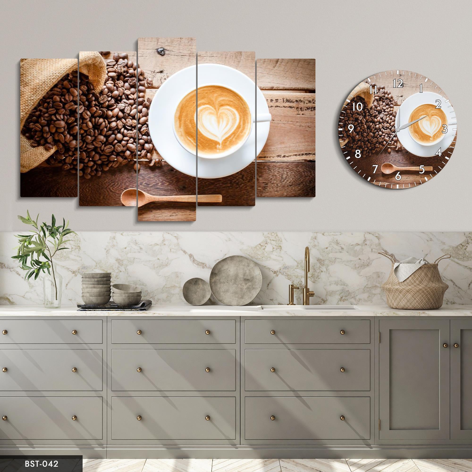 Kalpli Kahve MDF Tablo Saatli Set
