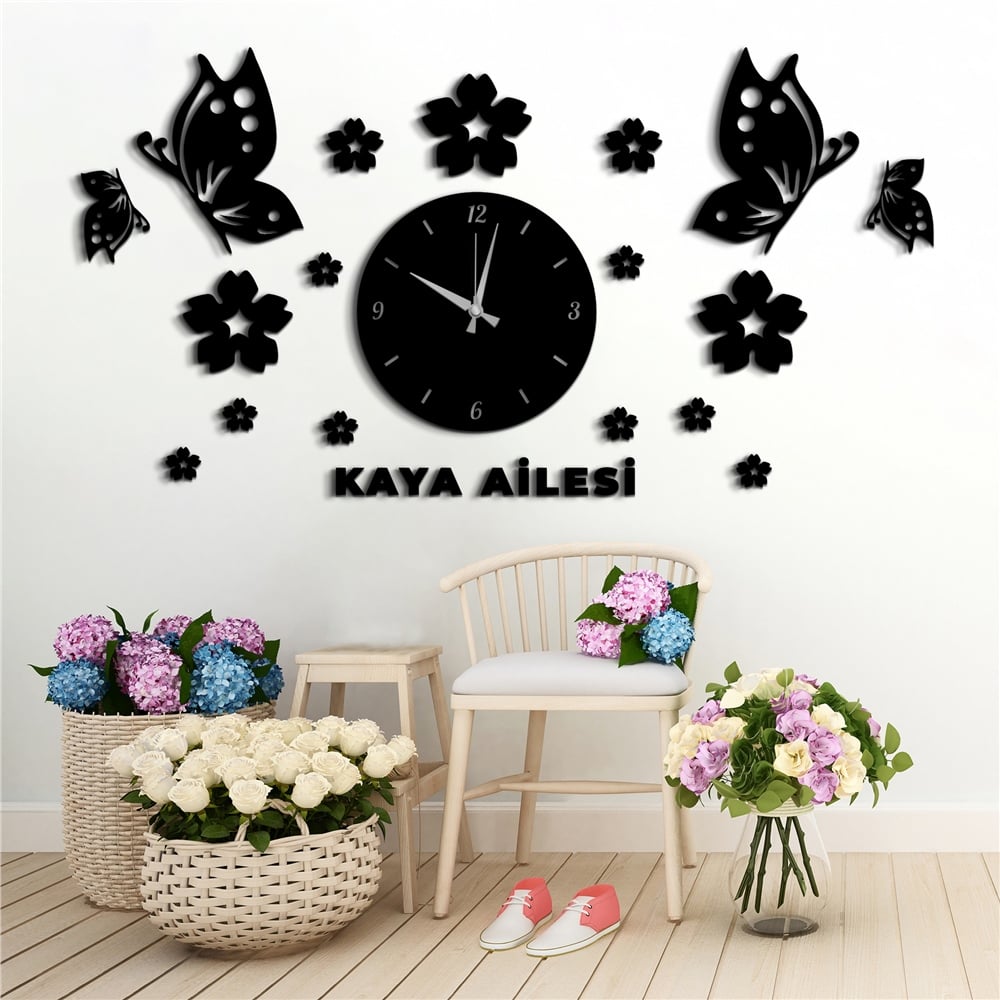 Kelebek ve Çiçekler Kişiye Özel Dekor Saat Set