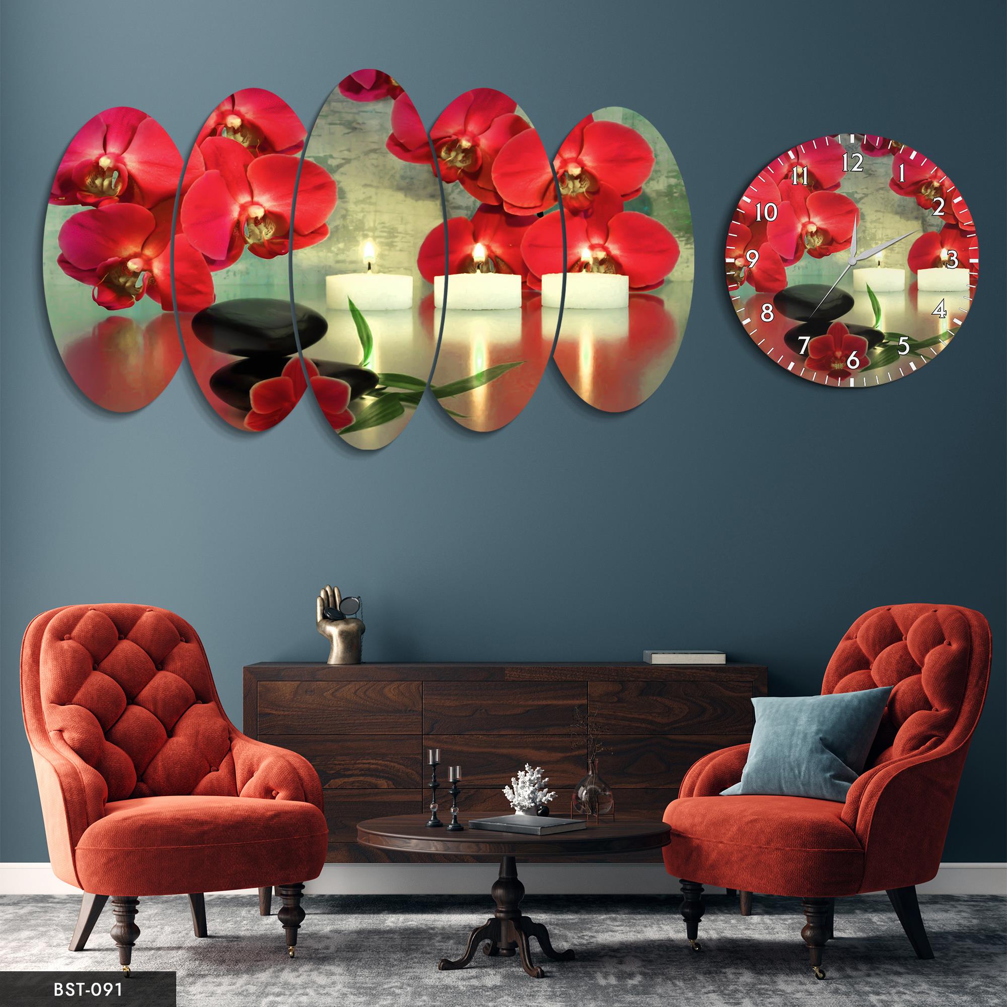 Kırmızı Çiçekli Mumlar MDF Tablo Saatli Set