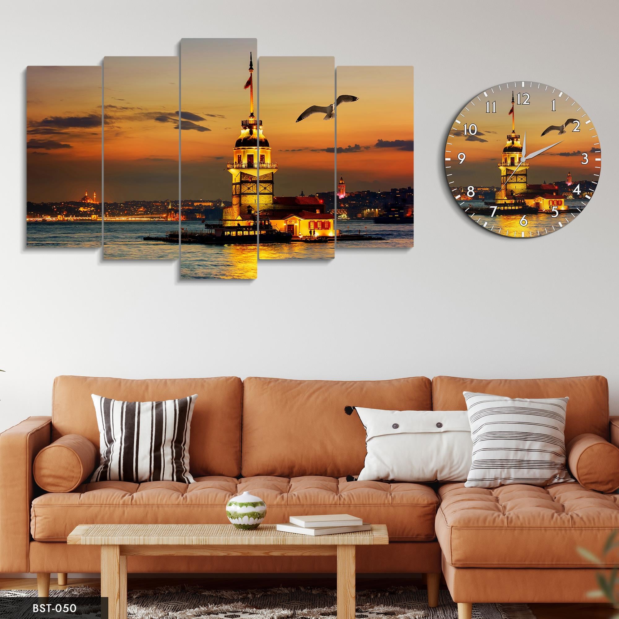 Kız Kulesi Akşam Görünümü MDF Tablo Saatli Set