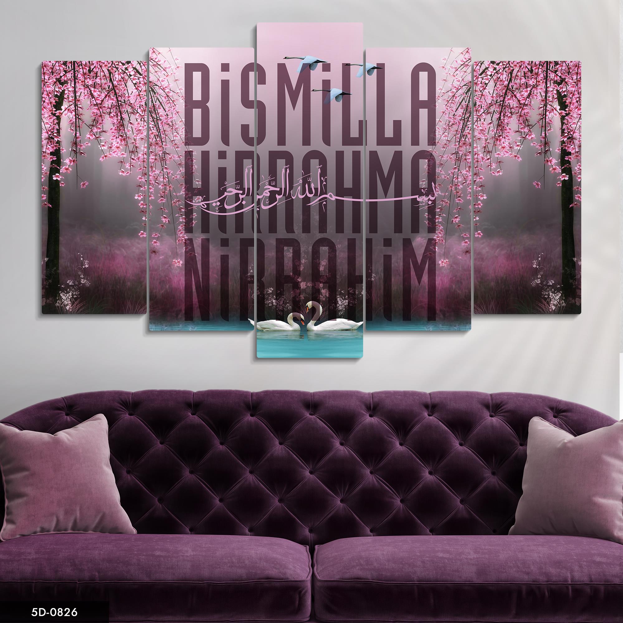 Kuğu Masalı Besmele Doğa Manzaralı   5 Parçalı Mdf Tablo