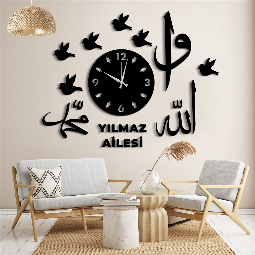 Kuş Allah Muhammed Kişiye Özel Dekor Saat Set