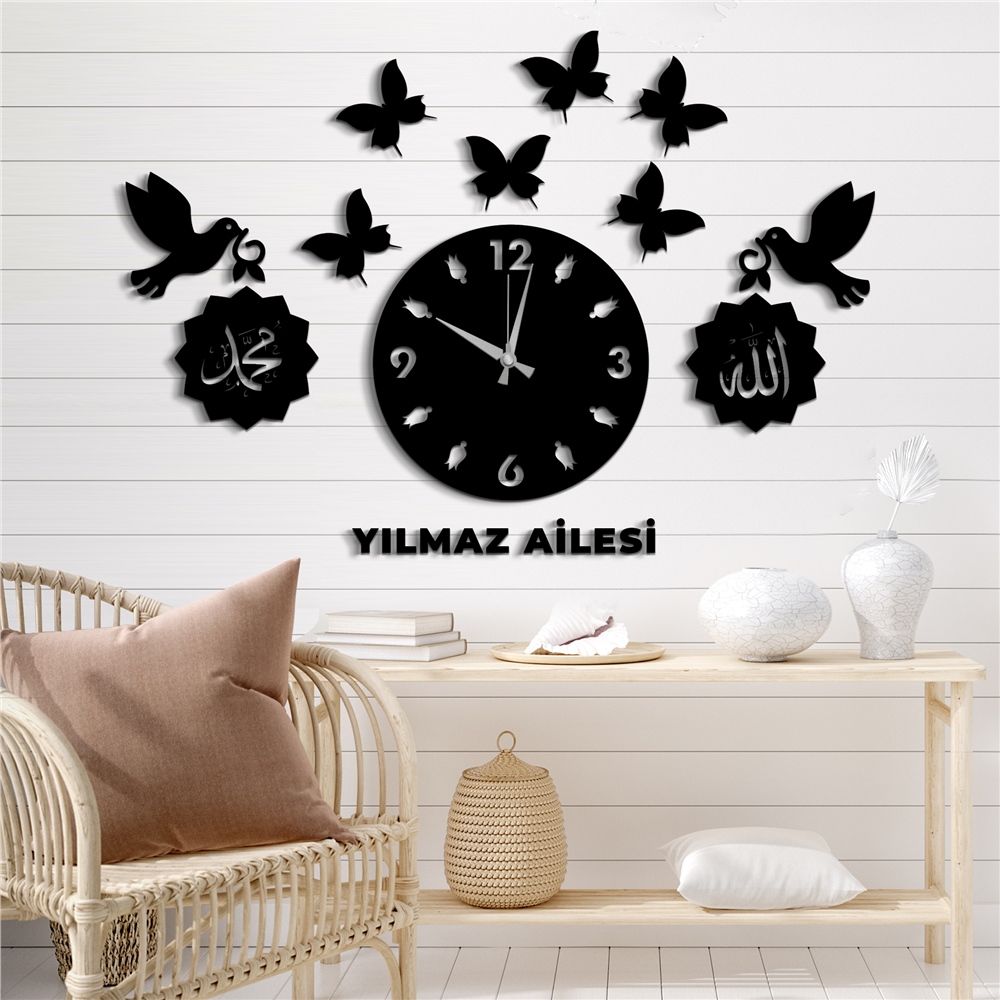 Kuş Kelebek Kişiye Özel Dekor Saat Set
