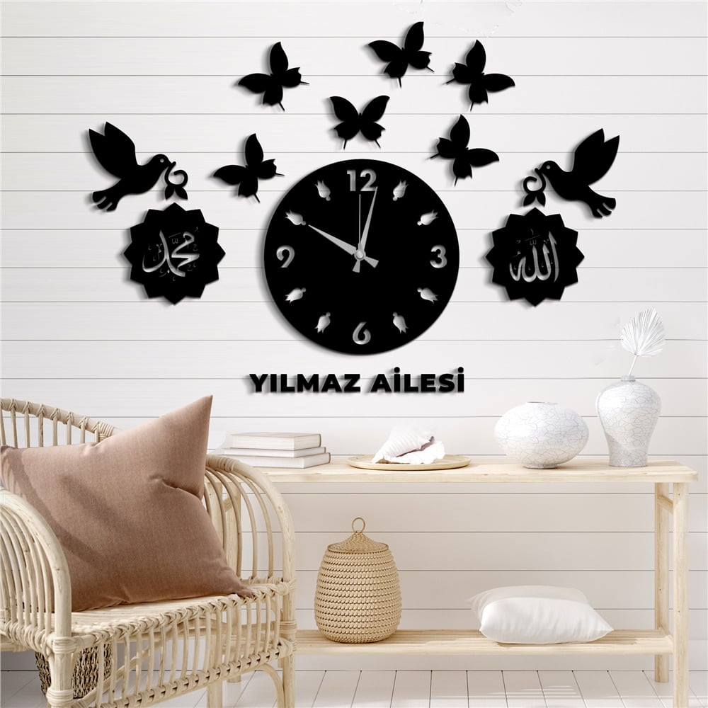 Kuş Kelebek Kişiye Özel Dekor Saat Set