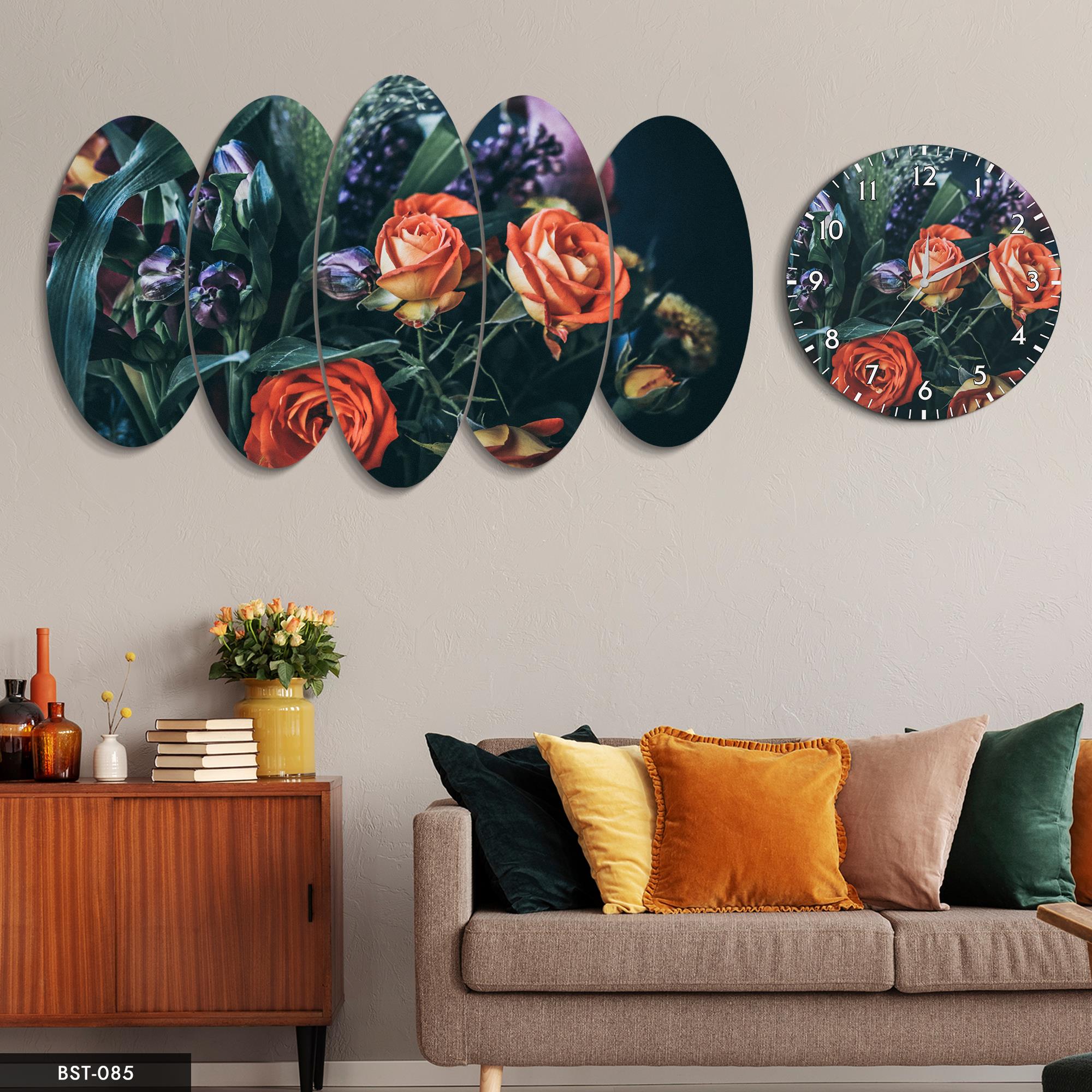 Lale Gül Yapraklar MDF Tablo Saatli Set