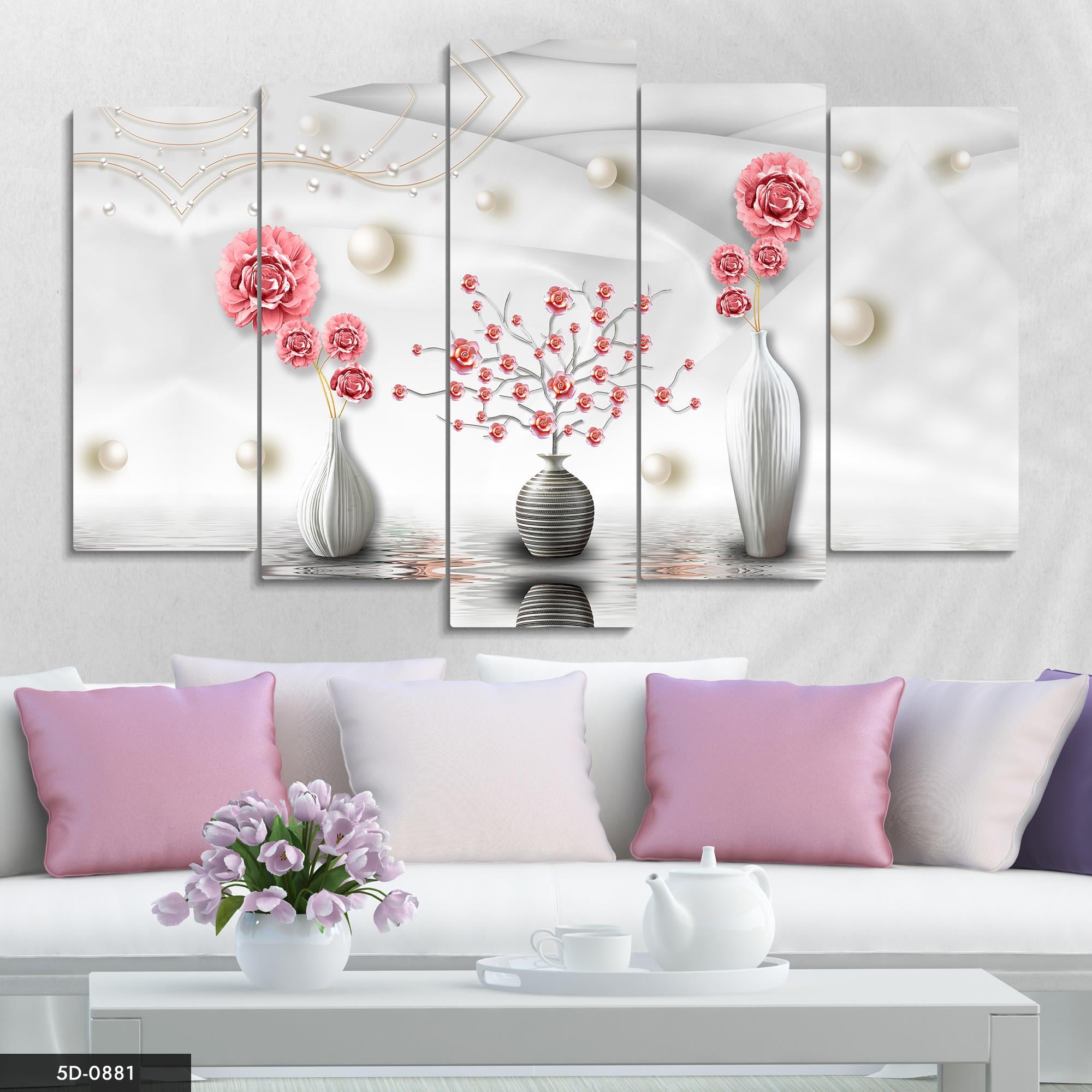 Modern Saksı ve Renkli Çiçekler 5 Parçalı Mdf Tablo