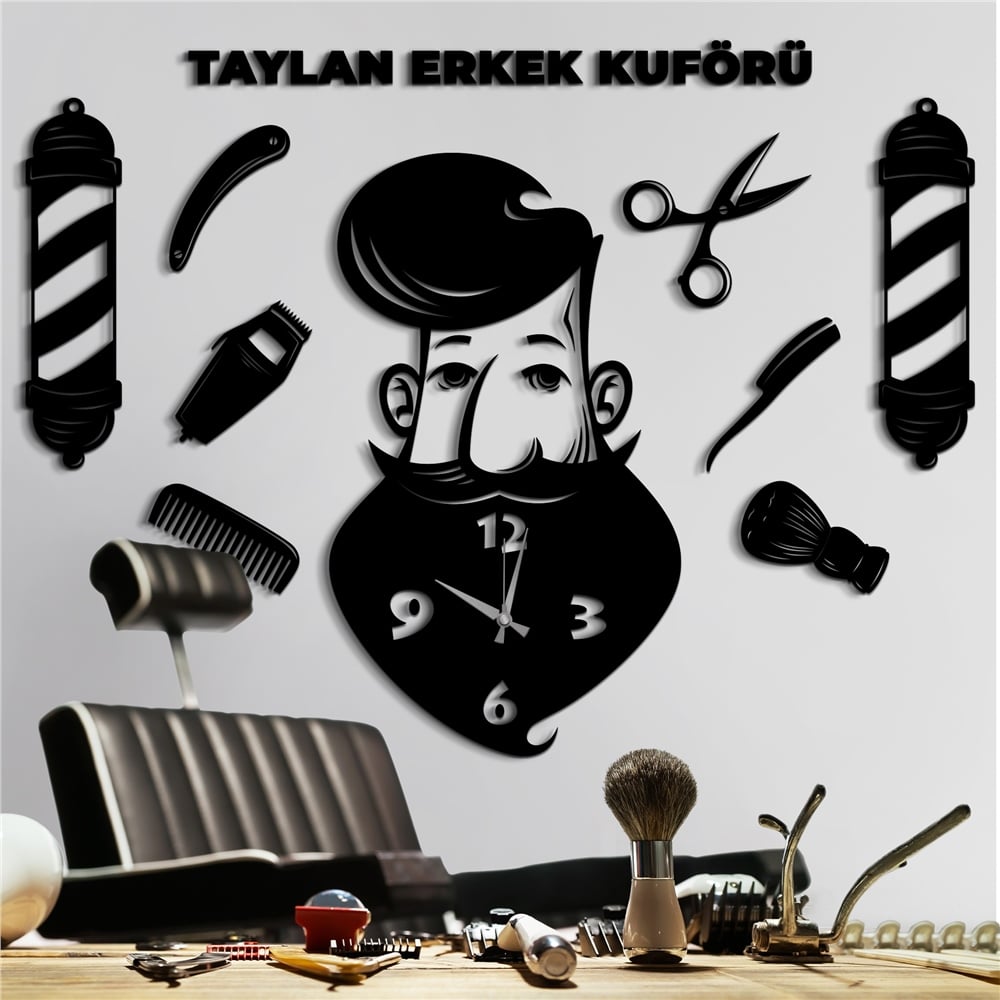 Mr. Sakal Kişiye Özel Erkek Kuaför Dekor Saat Set