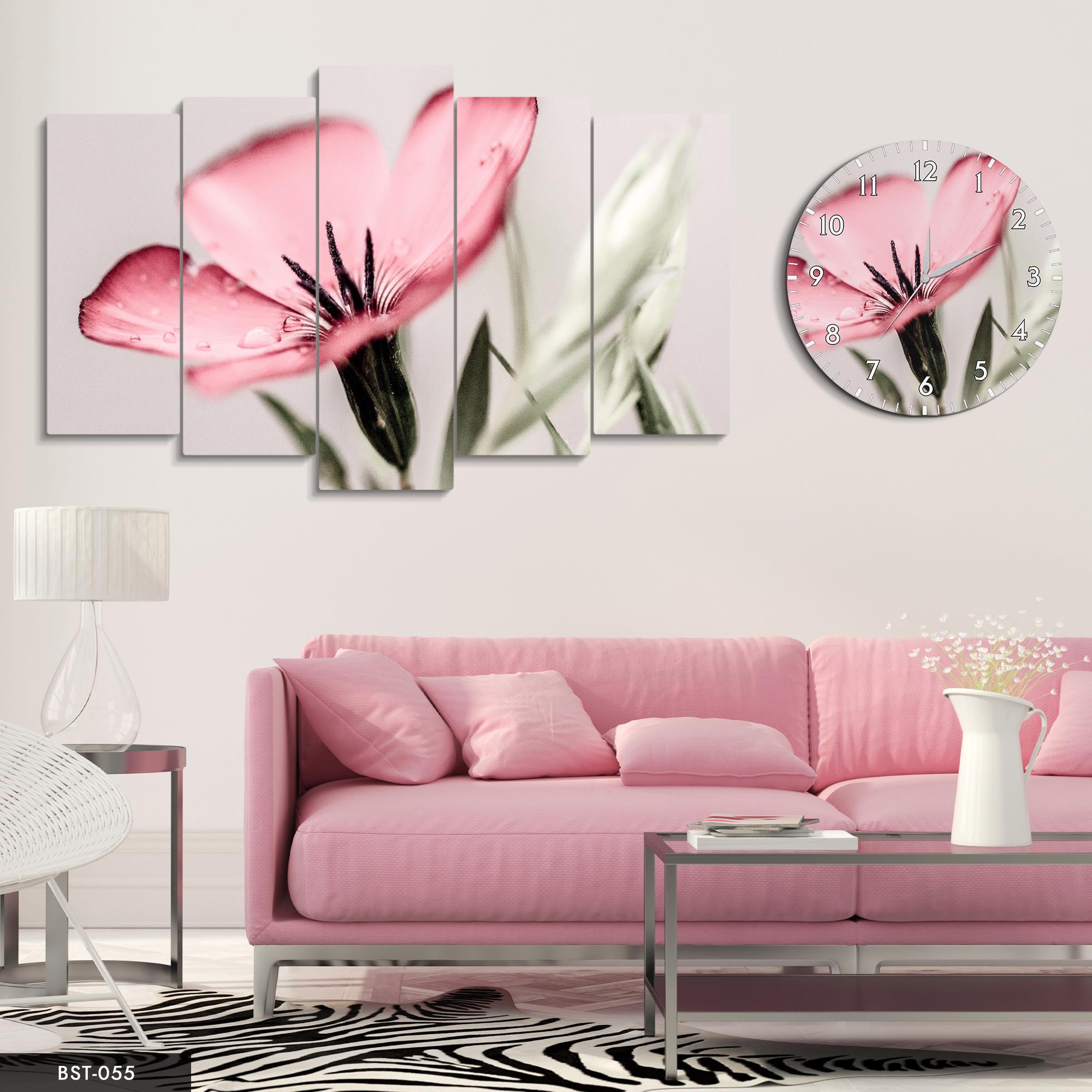 Pembe Çiçek MDF Tablo Saatli Set