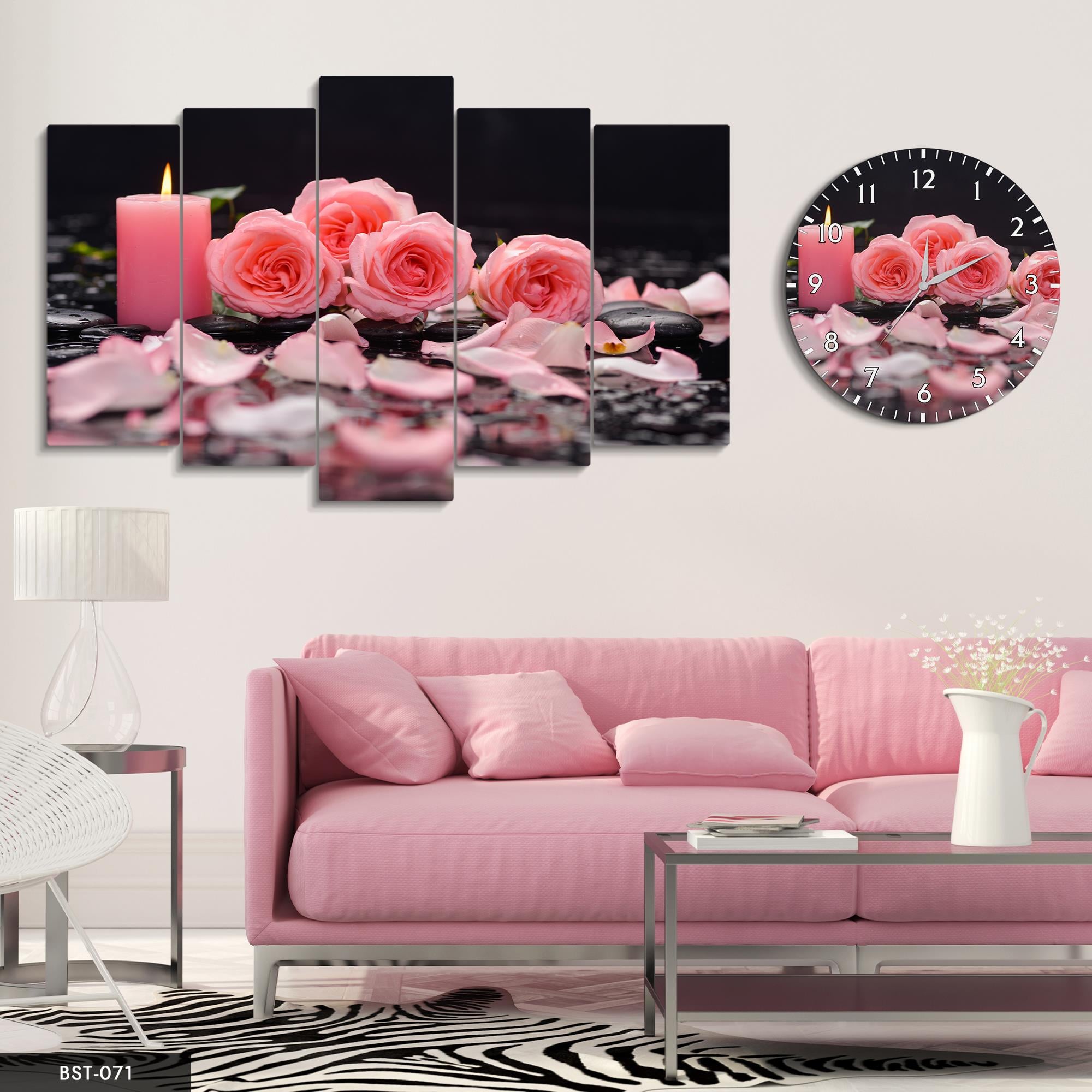 Pembe Çiçekler ve Mumlar MDF Tablo Saatli Set