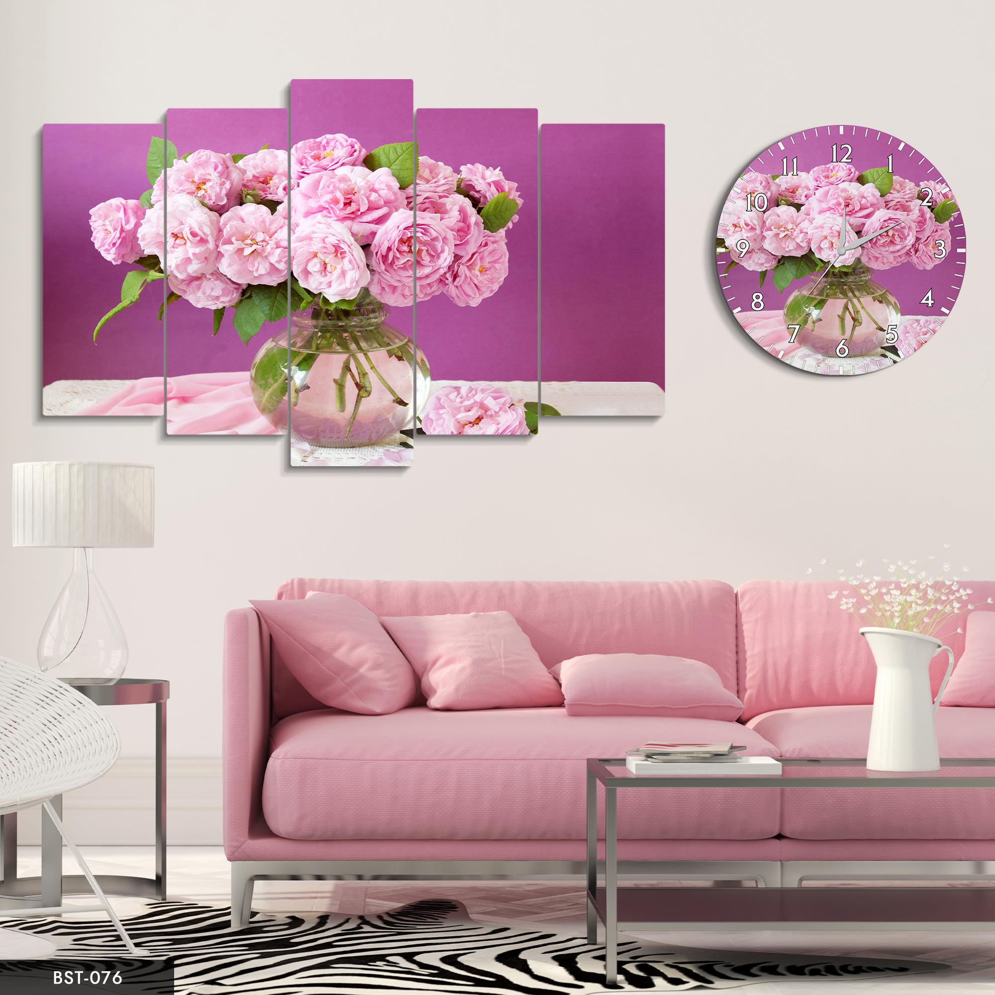Pembe Çiçekler ve Vazo MDF Tablo Saatli Set