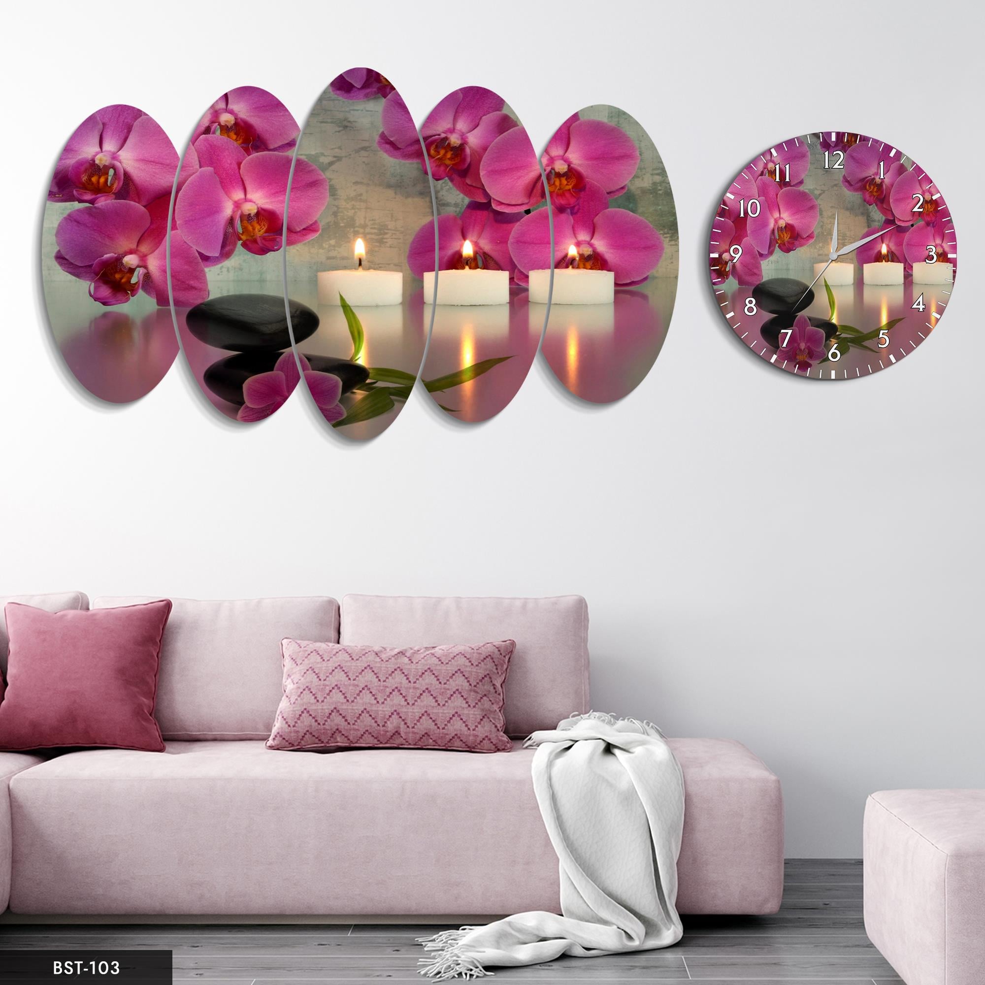 Pembe Mumlar Taşlar Kokulu MDF Tablo Saatli Set