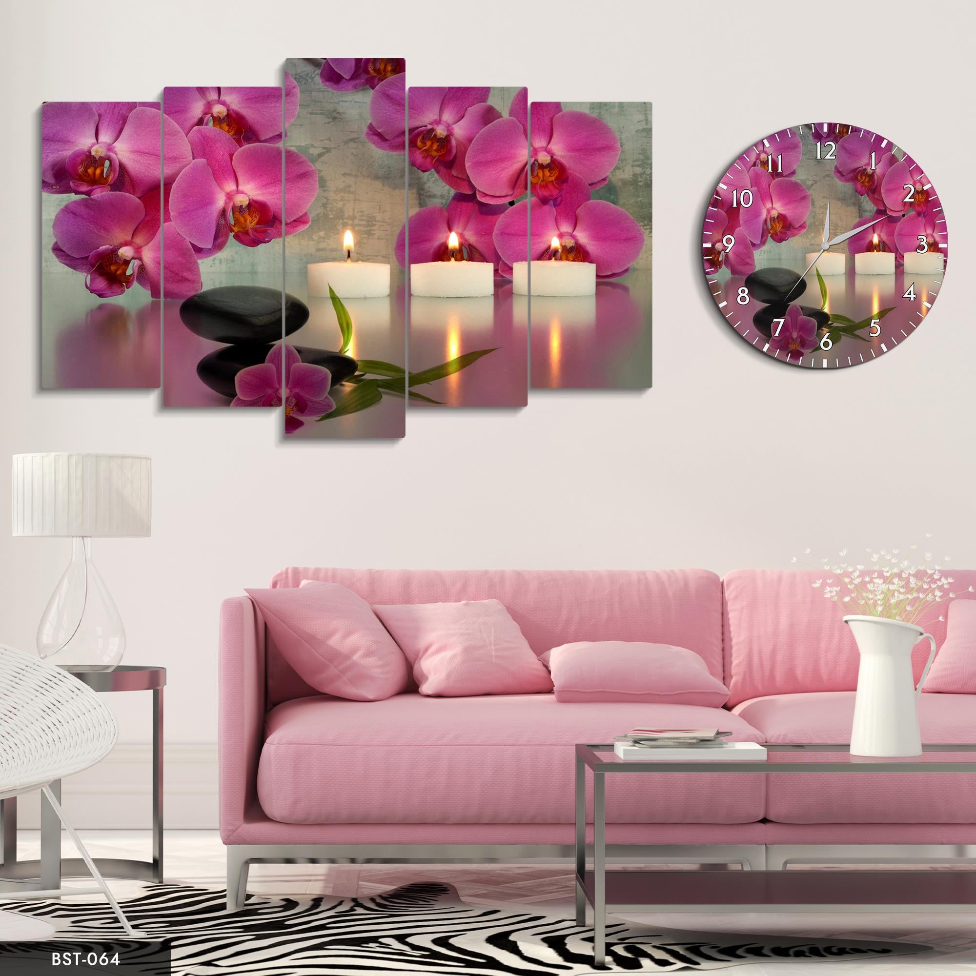 Pembe Orkide MDF Tablo Saatli Set