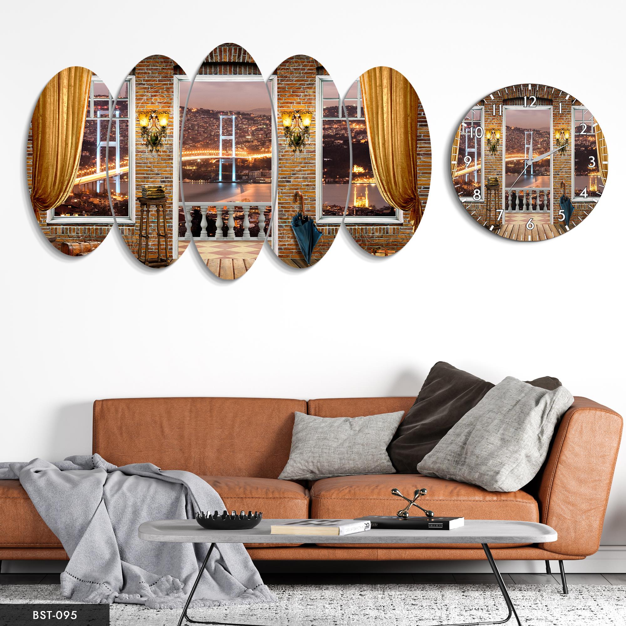Pencereden Boğaz Köprü MDF Tablo Saatli Set