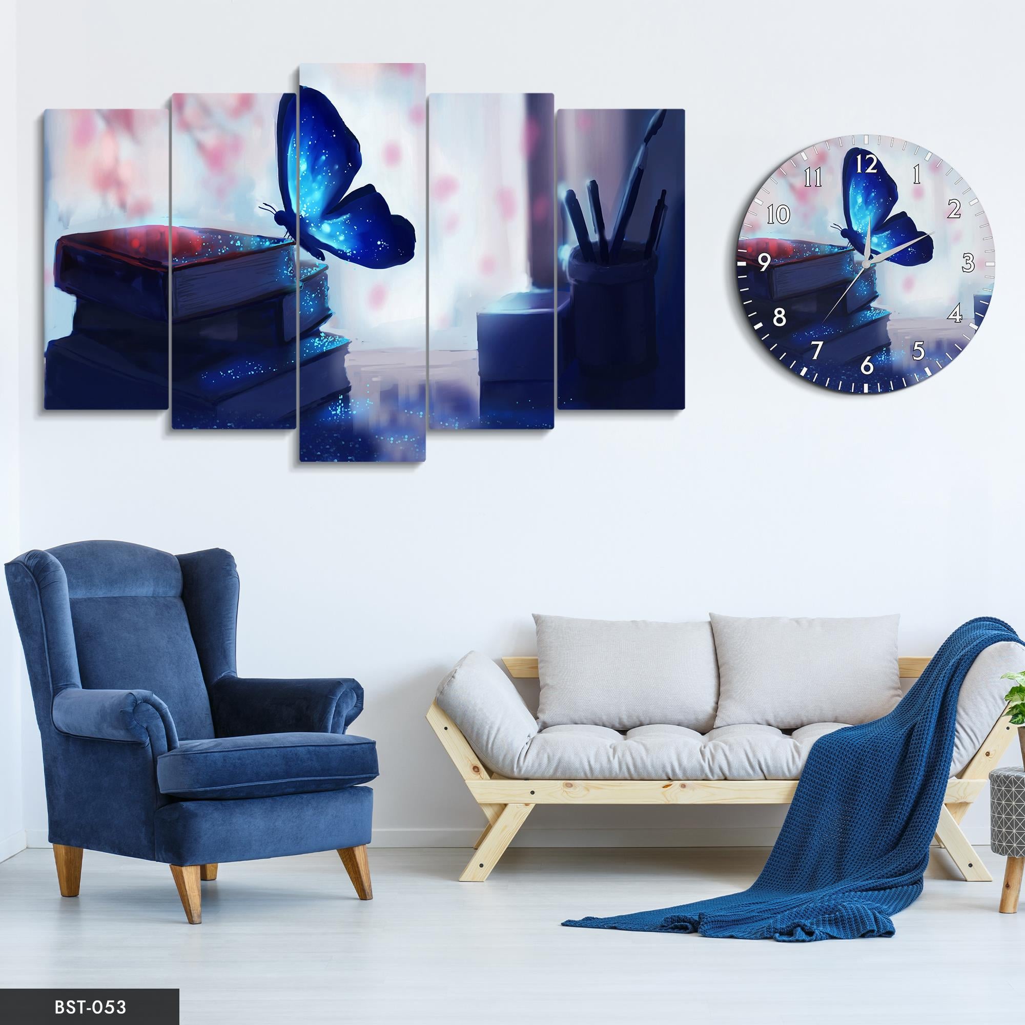 Pullu Kelebek MDF Tablo Saatli Set