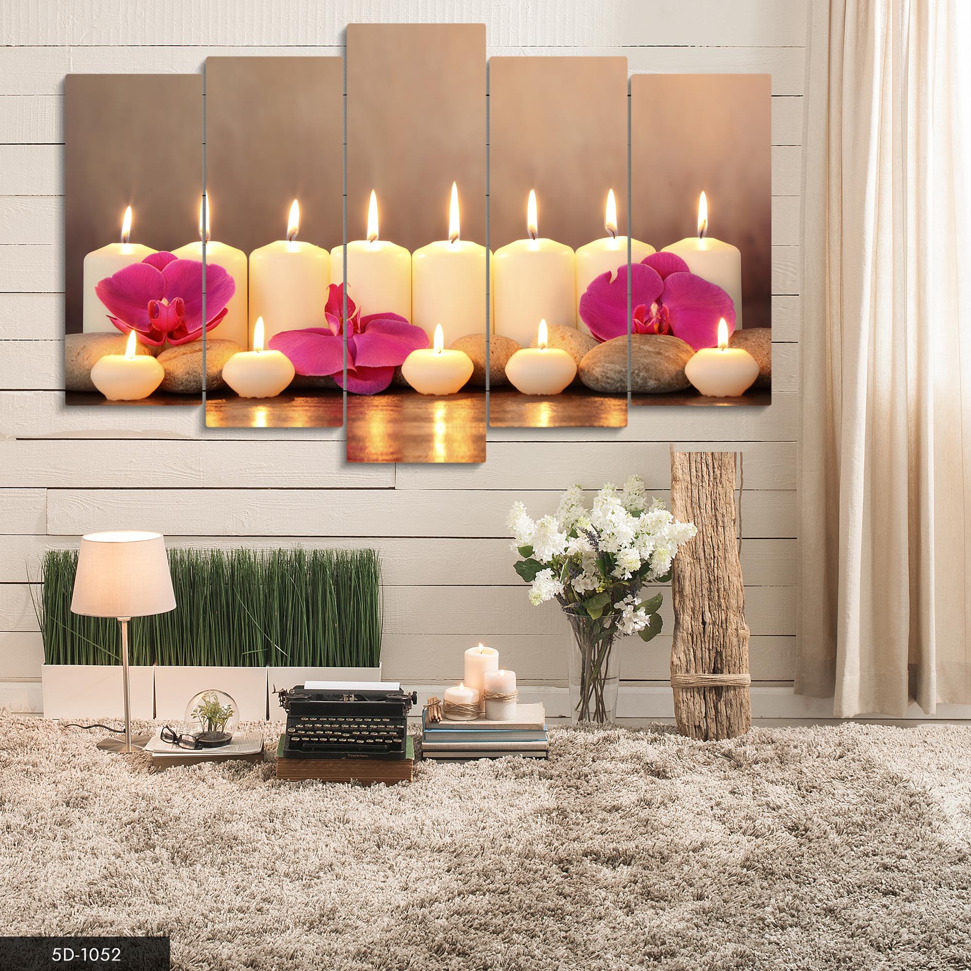 Renkli Çiçekler ve Mumlarla 5 Parçalı Mdf Tablo