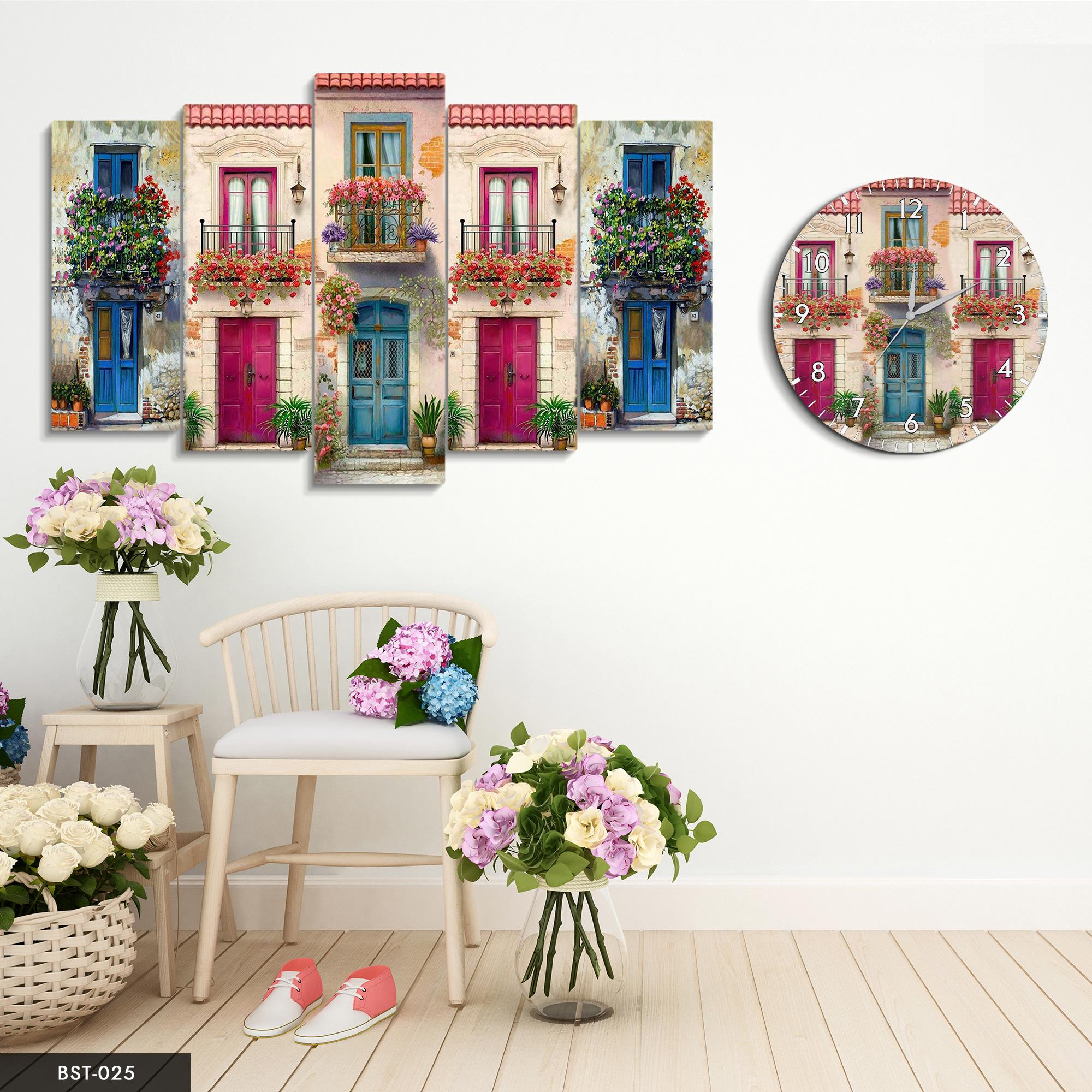 Renkli Evler MDF Tablo Saatli Set