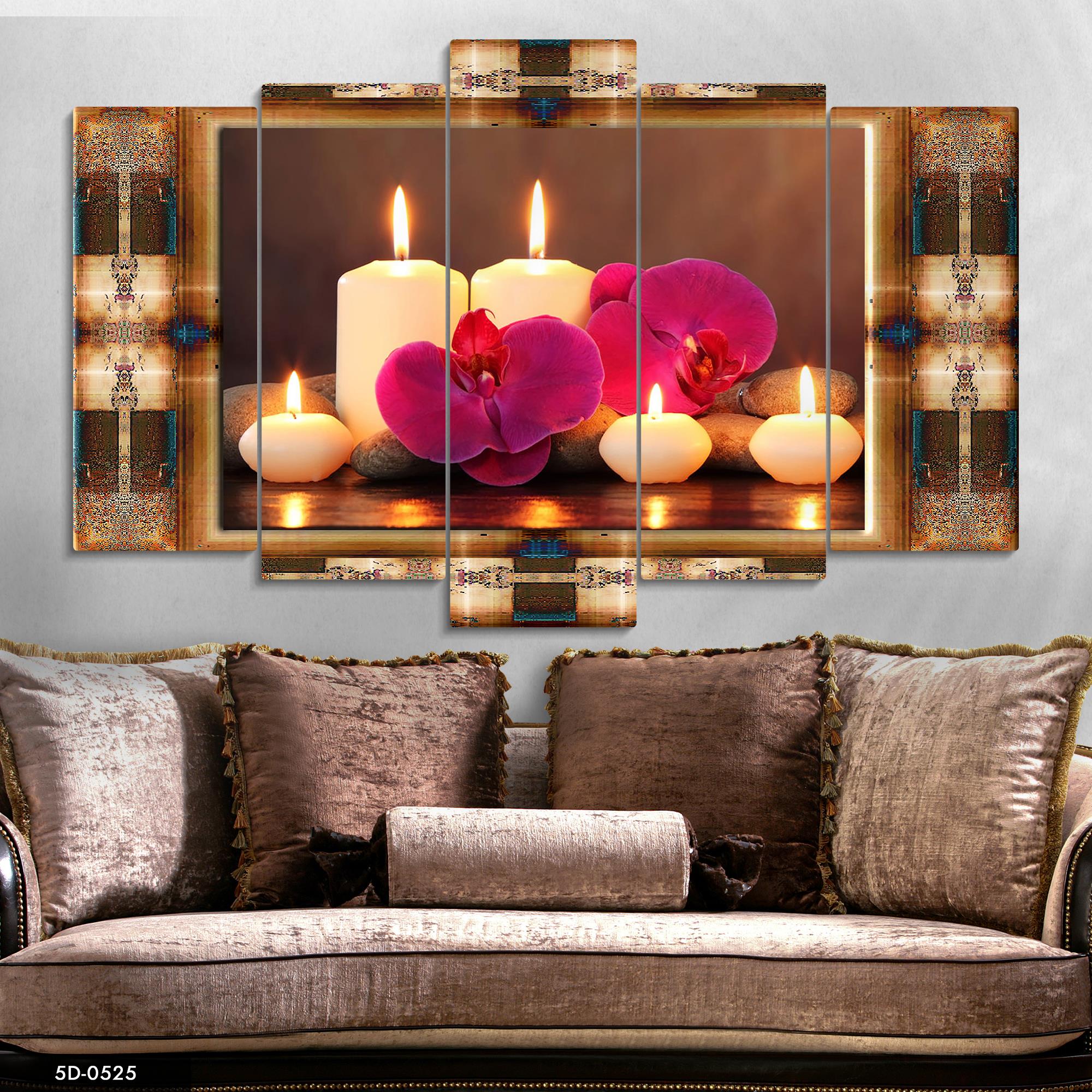 Romantik Işıltı Çiçek Desenli Mumlarla 5 Parçalı Mdf Tablo