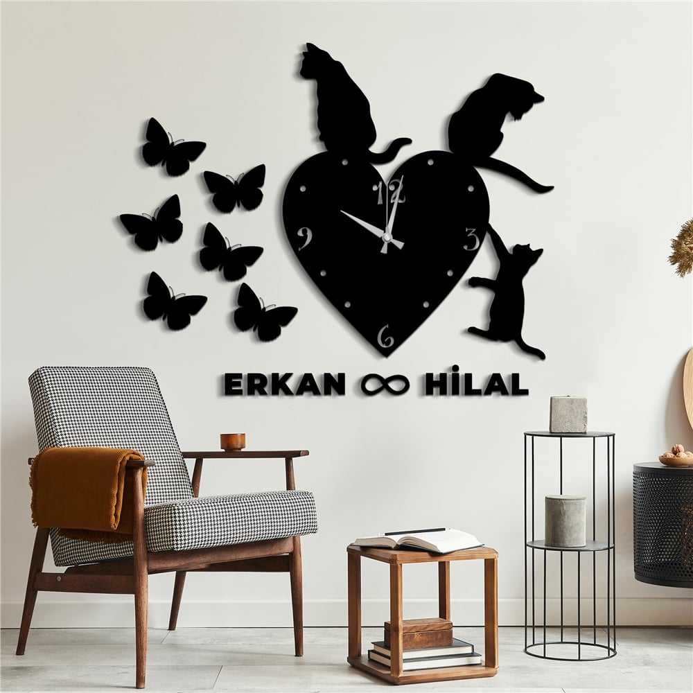Sevimli Kediler Kişiye Özel Dekor Saat Set