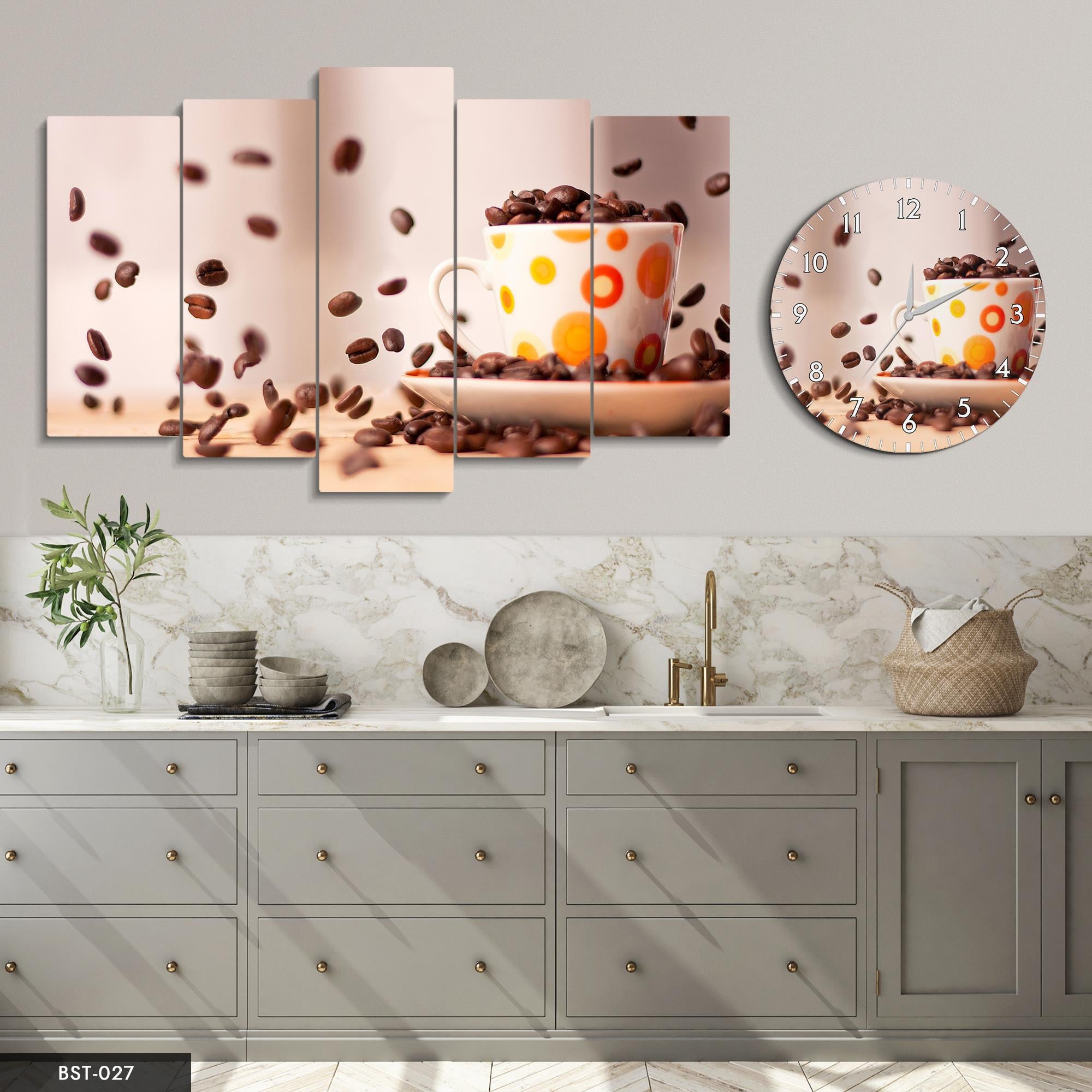 Süzülen Kahve Taneleri MDF Tablo Saatli Set