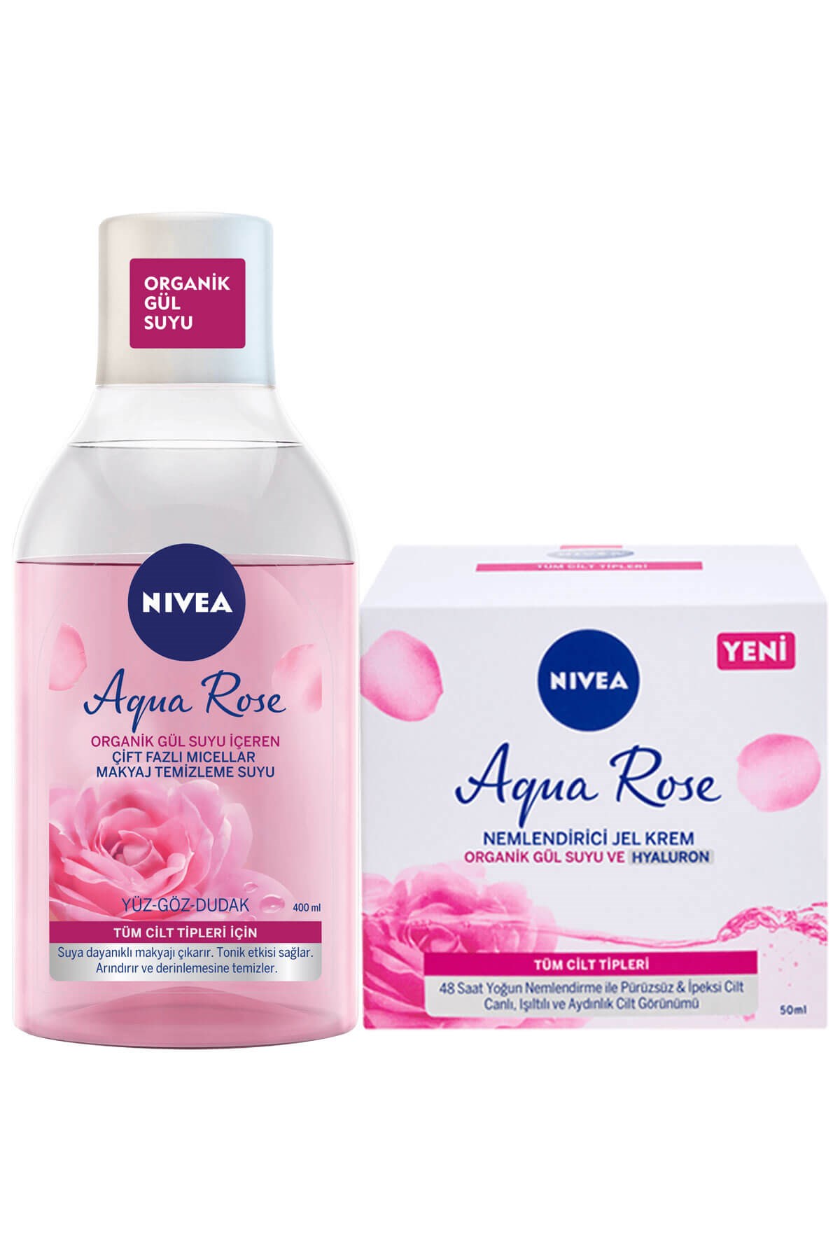 Nivea Aqua Rose Organik Gül Suyu İçeren Çift Fazlı Temizleme Suyu 400 ml +  Aqua Rose Nemlendirici Jel Krem 50 Ml - Andia