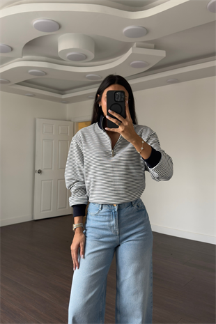  Çizgili Fermuarlı Sweatshirt-Lacivert Beyaz