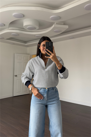  Çizgili Fermuarlı Sweatshirt-Lacivert Beyaz
