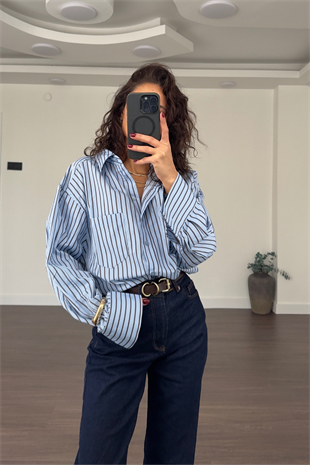 Acı Kahve Çizgili Poplin Gömlek-Mavi