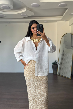 Açık Yaka Pamuklu Oversize Gömlek-Beyaz