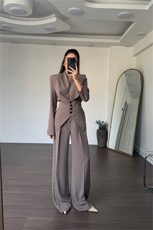 Arkası Bağlamalı Ceket Pantolon Takım-Vizon