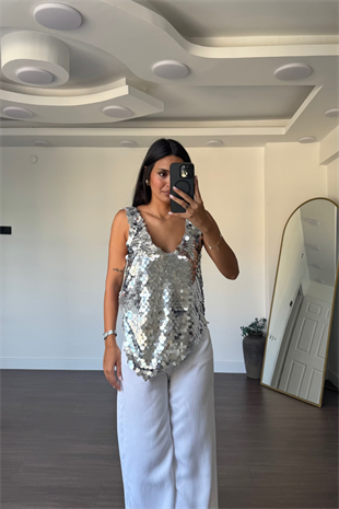 Asimetrik Kesim Payetli Bluz-Gümüş