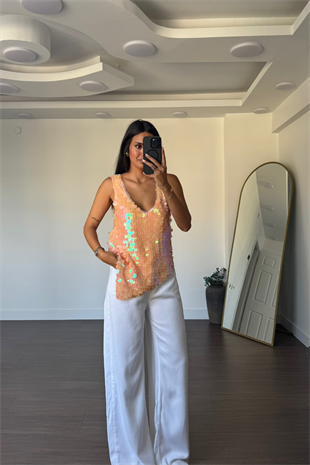 Asimetrik Kesim Payetli Bluz-Somon