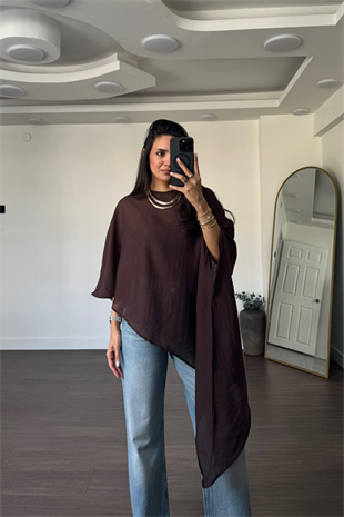 Asimetrik Tensel Kumaş Bluz-Kahve