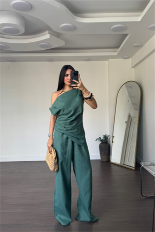 Asimetrik Yaka Keten Takım-Yeşil