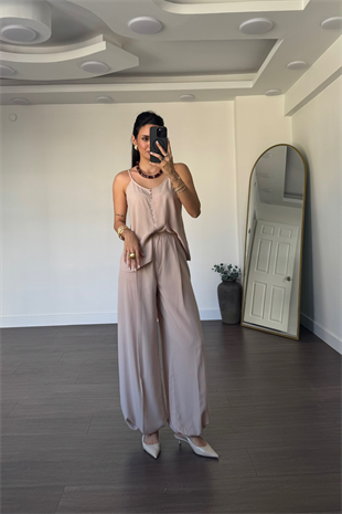 Askılı Bluz Şalvar Pantolon Takım-Bej