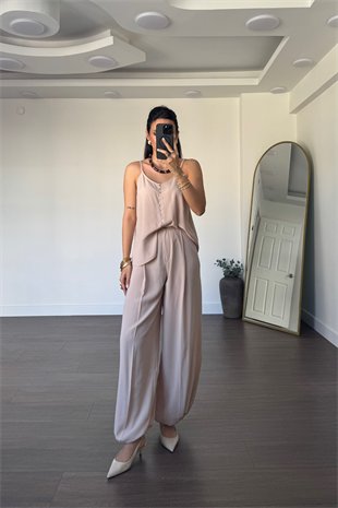 Askılı Bluz Şalvar Pantolon Takım-Bej