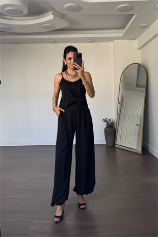 Askılı Bluz Şalvar Pantolon Takım-Siyah
