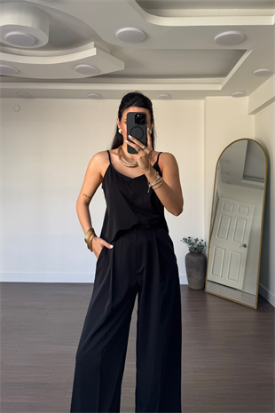 Askılı Bluz Şalvar Pantolon Takım-Siyah